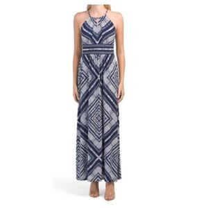 London Times Womens Blue Halter Diamond Print Jersey Knit Maxi Dress Sz 12 New